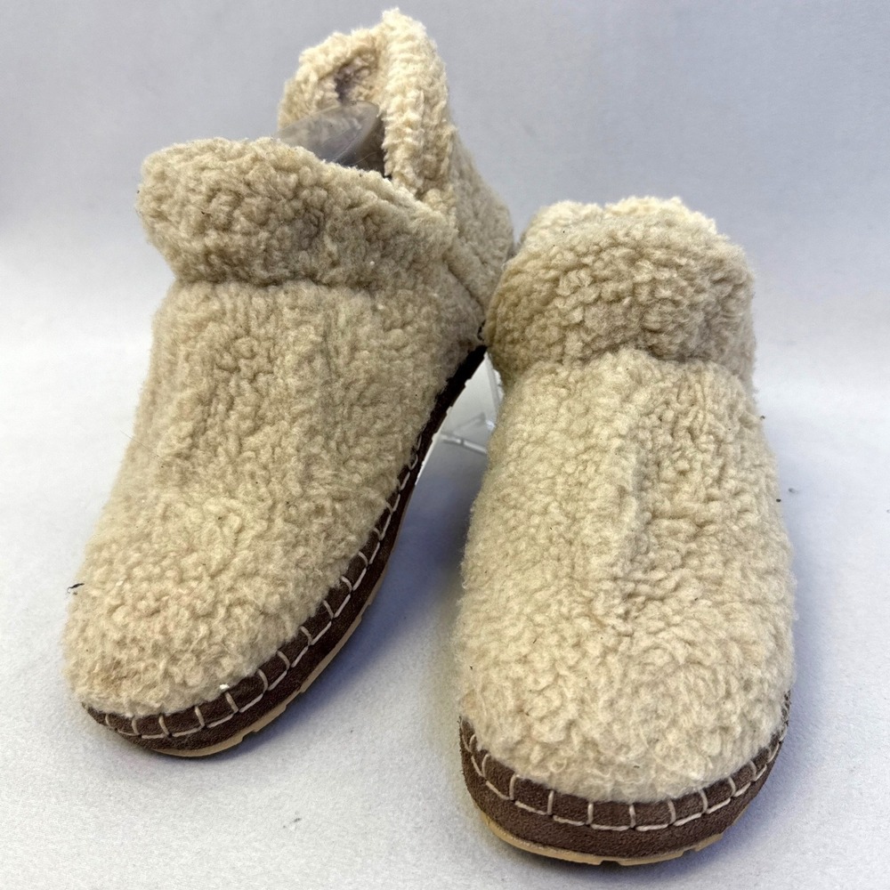 LL Bean Women Sherpa Fleece Bootie Slippers Cream Brown 507186 Size 7 M